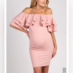 Pink blush mauve pink layered ruffle off shoulder fitted maternity dress Large